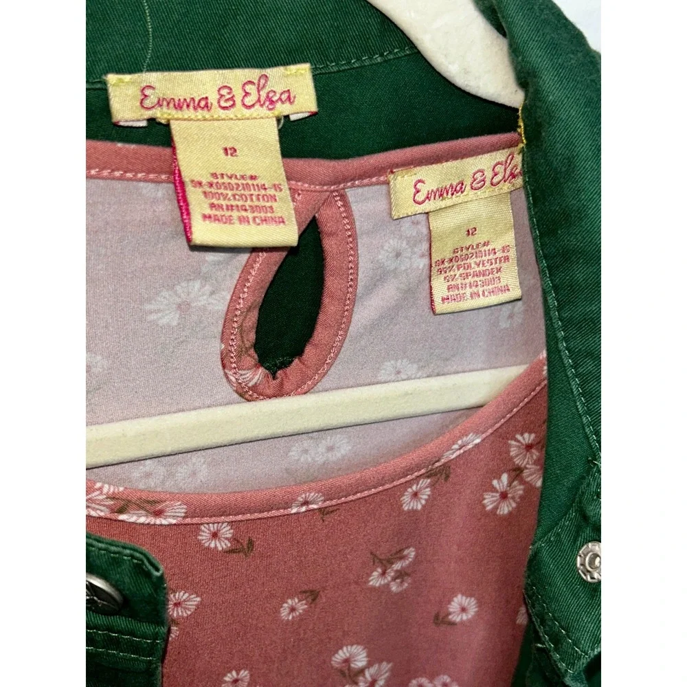 Emma & Elsa Girls Green Denim Jacket and Pink Floral Dress Set Size 12